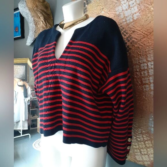 Massimo Dutti Cotton Blend Navy and Red Striped Sweater - Picture 1 of 13